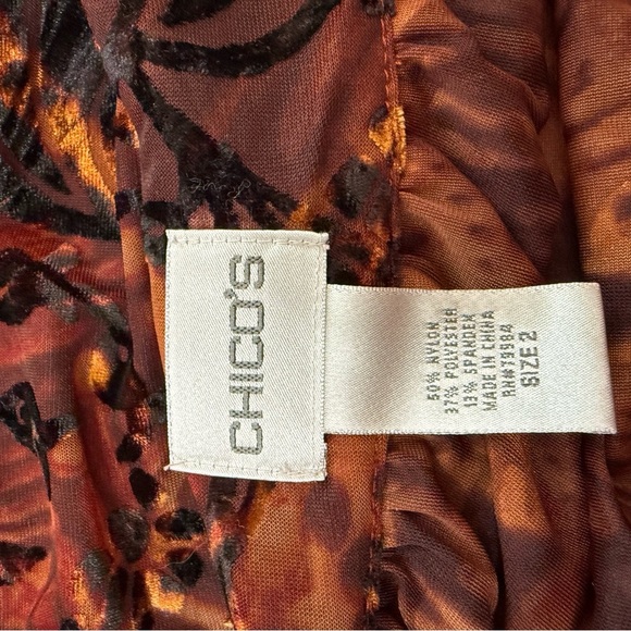 Chico's Brown Burnout Velvet Blouse Long Sleeves Drawstring Hem Size 2/Large - Picture 8 of 10